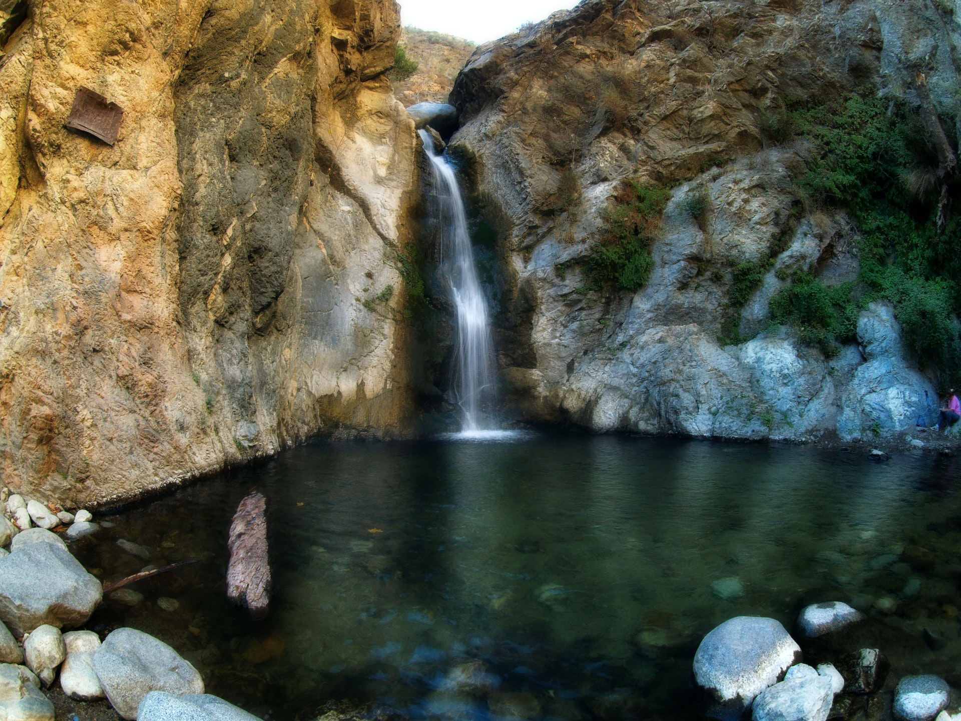 A wide angle shot of Eaton Canyon Falls in the San Gabriel Mountains