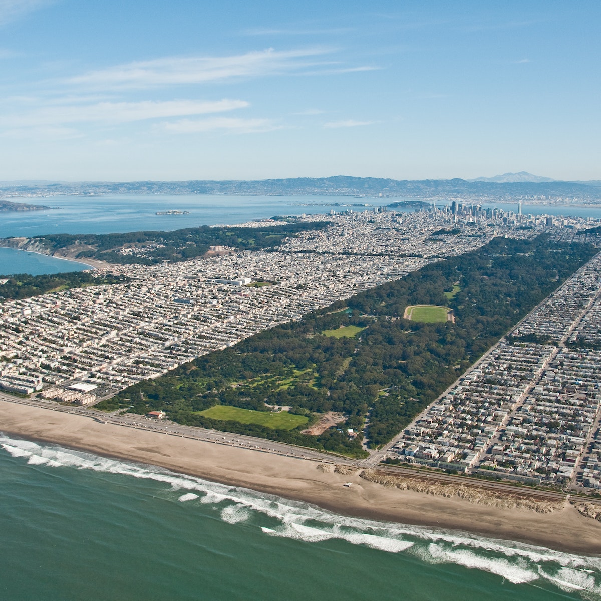 An aerial view of Golden Gate Park from the Pacific Ocean. Golden Gate Park is the third most visited city park in the US.