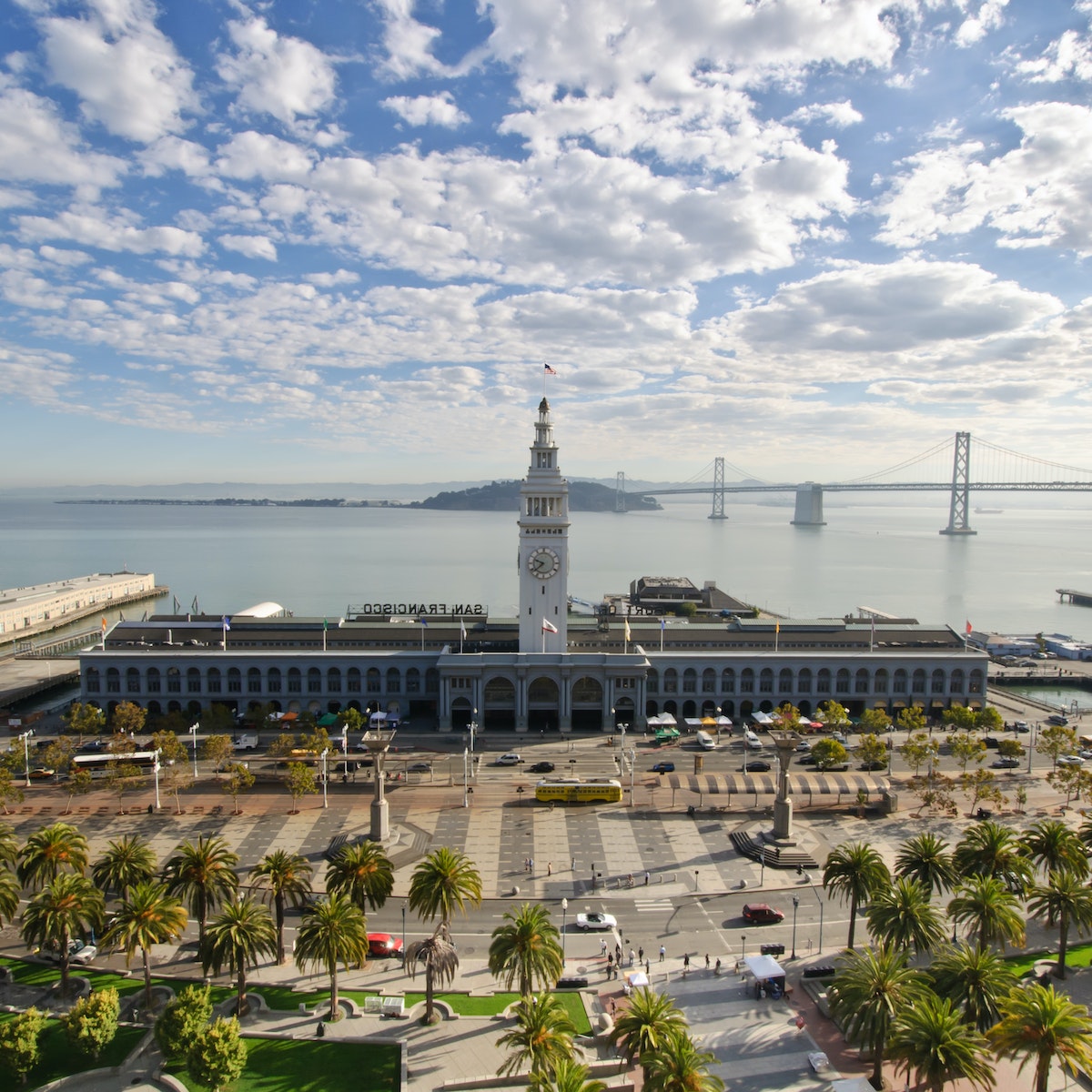 High-angle view of the San Francisco Ferry Building during the morning.