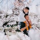 Japanese father carrying young Eurasian girl on shoulders under cherry blossoms, Tokyo, Japan
1213804538