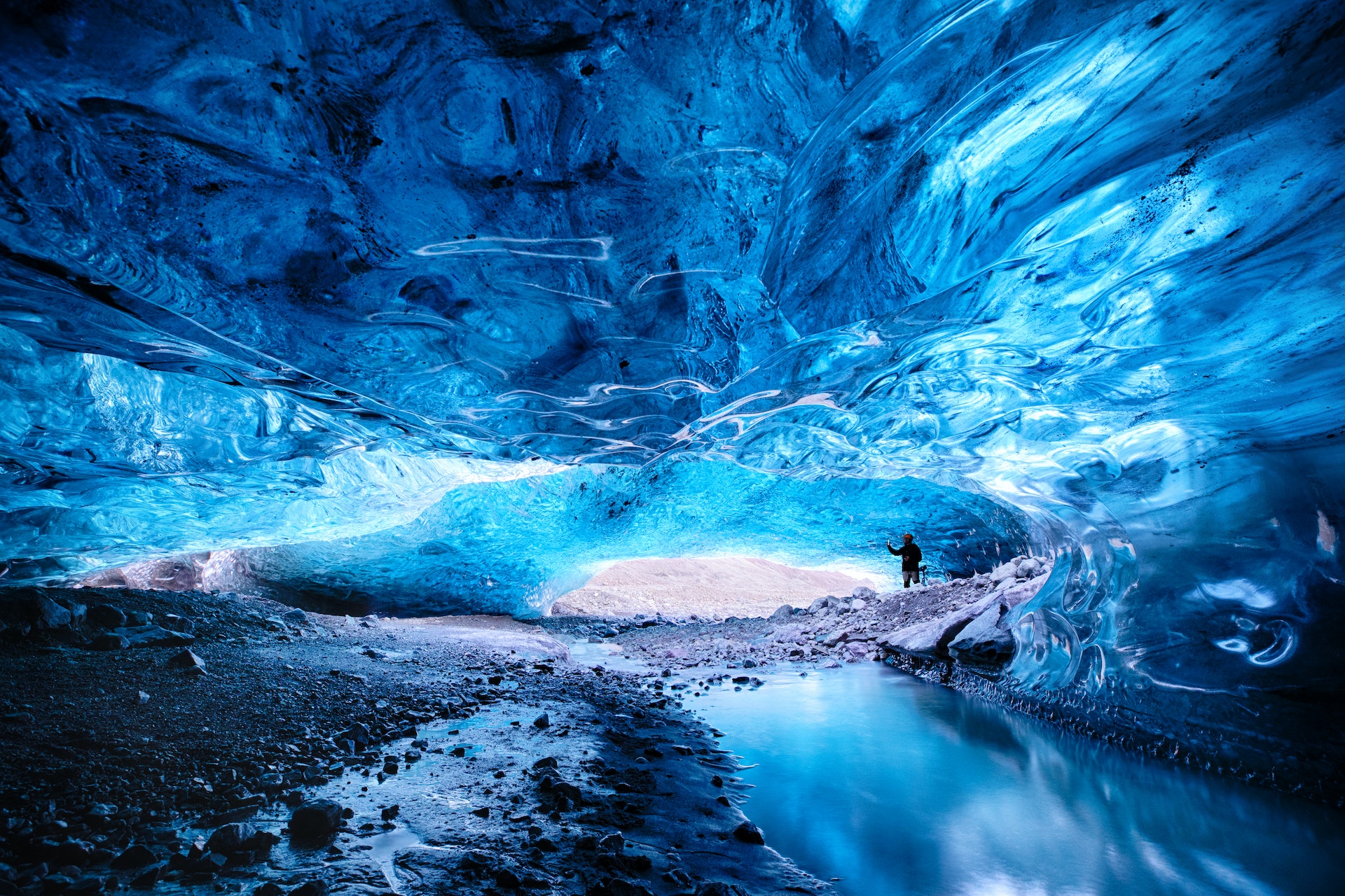 Inside a blue glacial ice caves of Breiðamerkurjökull, part of the Vatnajökull glacier, Iceland