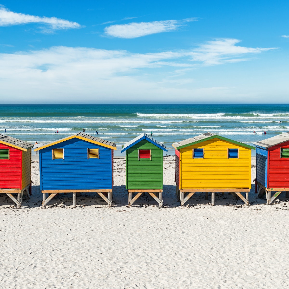 The famous beach of Muizenberg with its colorful beach huts.