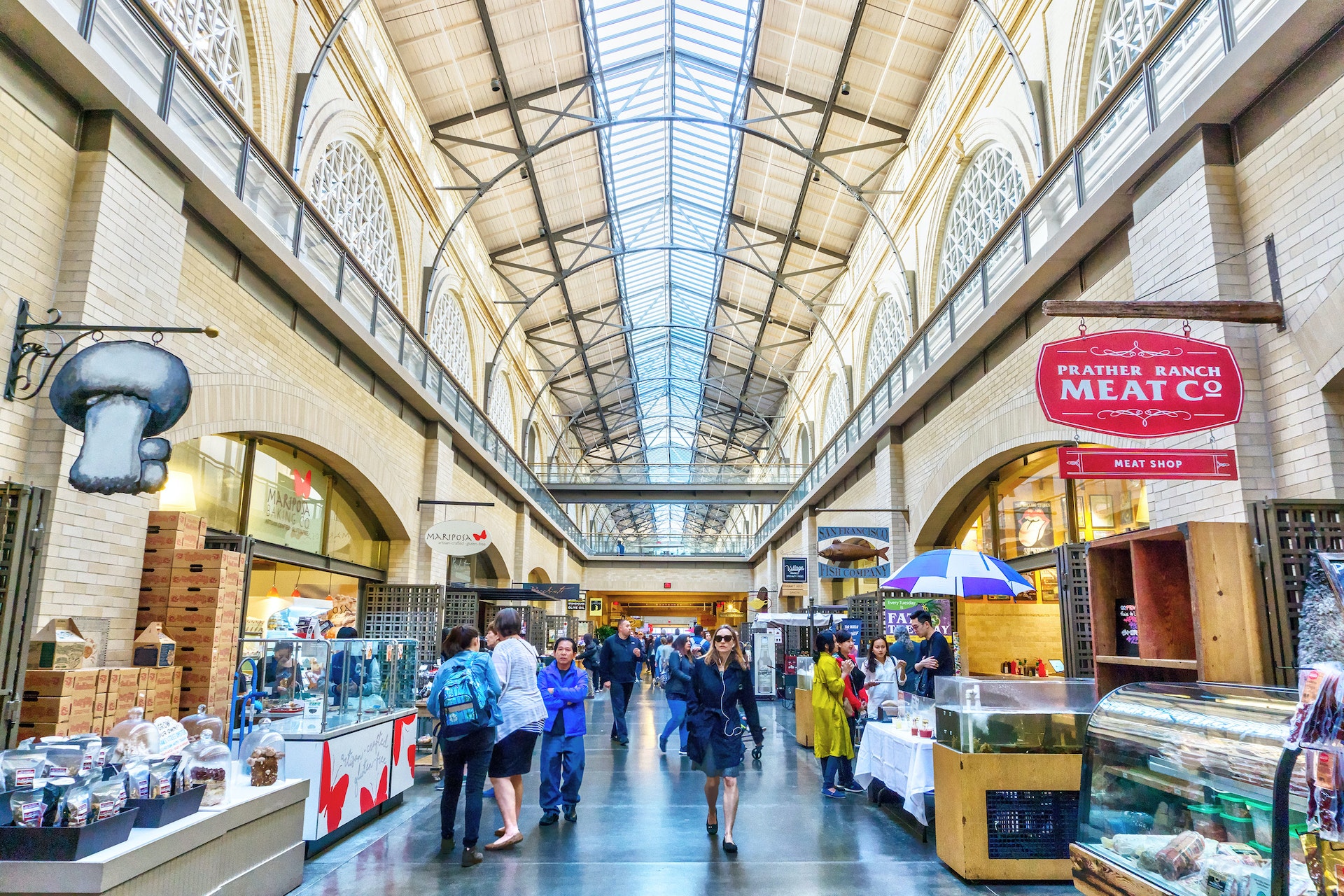 Shoppers at the food marketplace in the historic Ferry Building on Embarcadero, San Francisco, California, USA