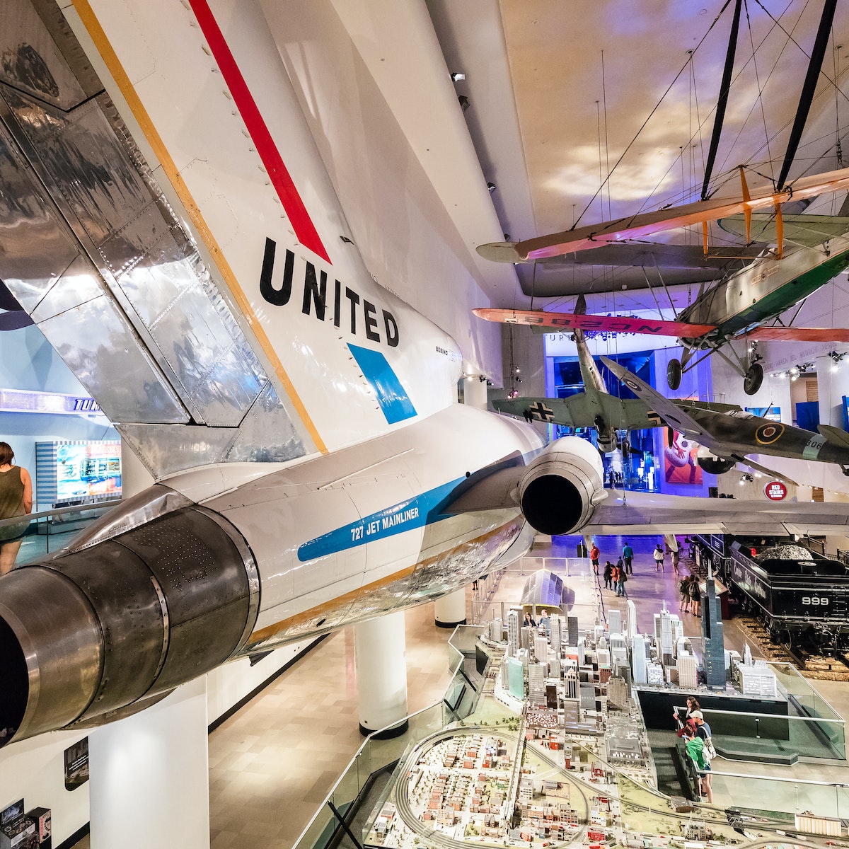 JUNE 24, 2018: Planes hanging from the ceiling inside the Museum of Science and Industry.